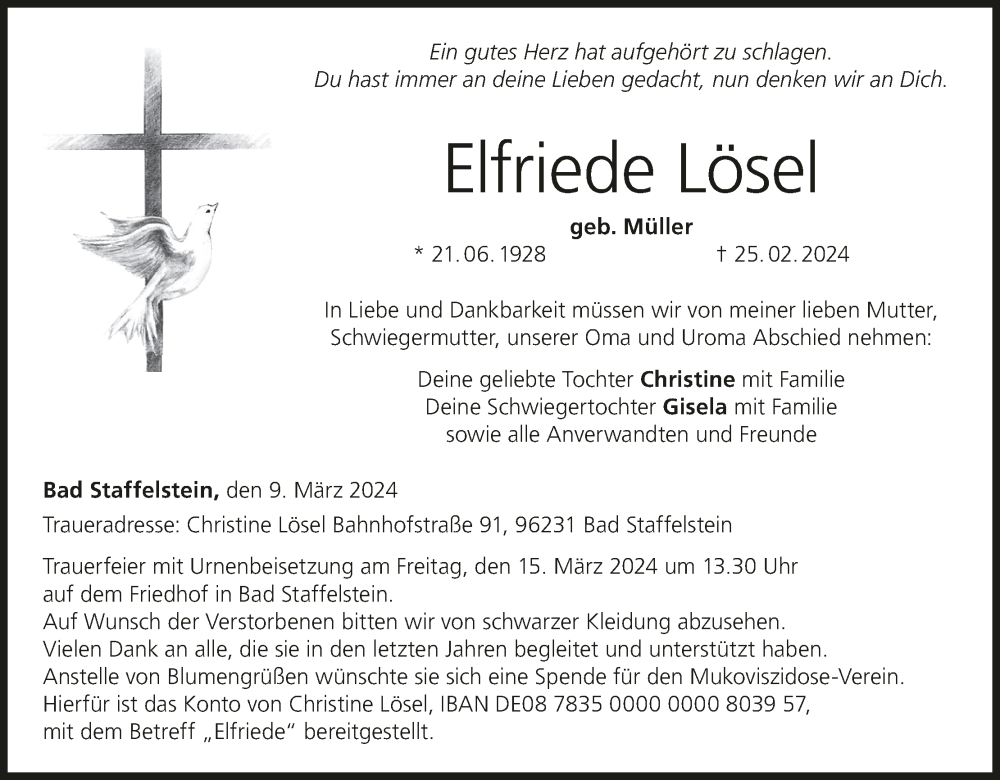  Traueranzeige für Elfriede Lösel vom 09.03.2024 aus MGO
