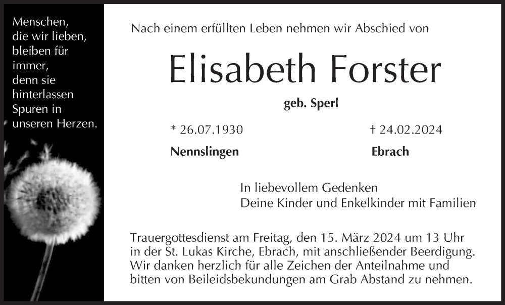  Traueranzeige für Elisabeth Forster vom 09.03.2024 aus MGO