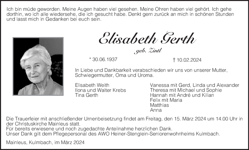  Traueranzeige für Elisabeth Gerth vom 09.03.2024 aus MGO