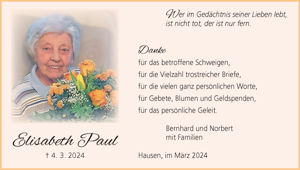  Traueranzeige für Elisabeth Paul vom 23.03.2024 aus MGO