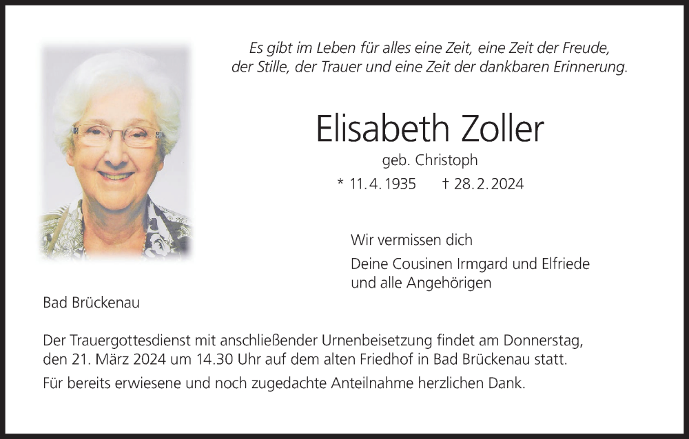 Traueranzeige für Elisabeth Zoller vom 16.03.2024 aus MGO