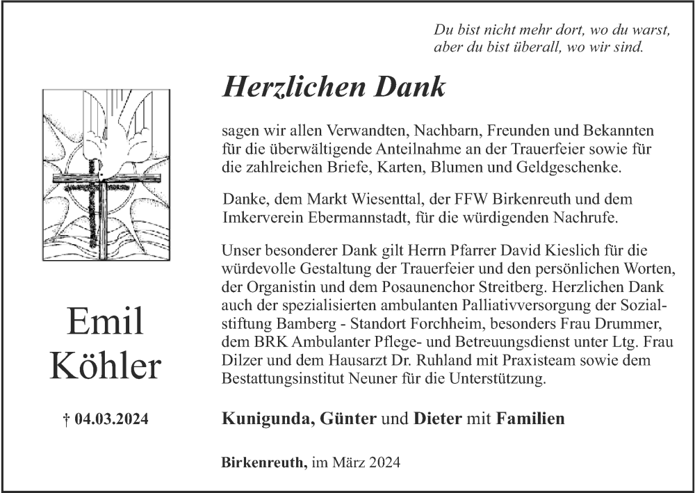  Traueranzeige für Emil Köhler vom 23.03.2024 aus MGO