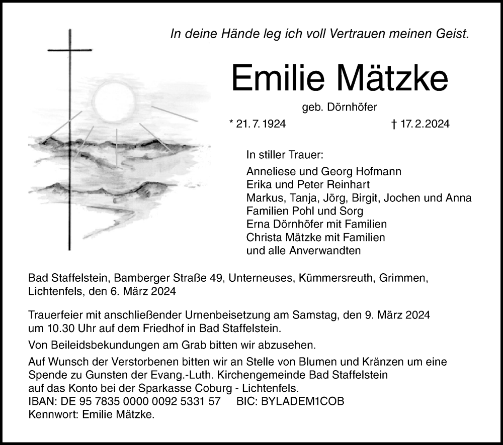  Traueranzeige für Emilie Mätzke vom 06.03.2024 aus MGO