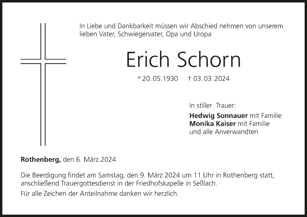  Traueranzeige für Erich Schorn vom 06.03.2024 aus MGO