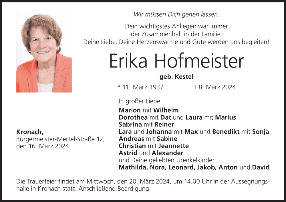  Traueranzeige für Erika Hofmeister vom 16.03.2024 aus MGO