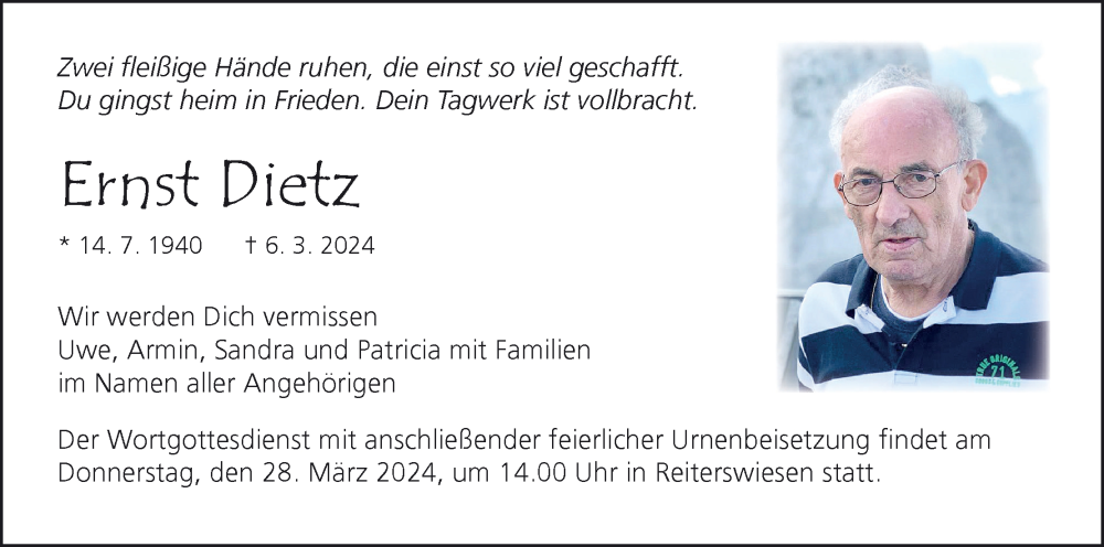  Traueranzeige für Ernst Dietz vom 16.03.2024 aus MGO