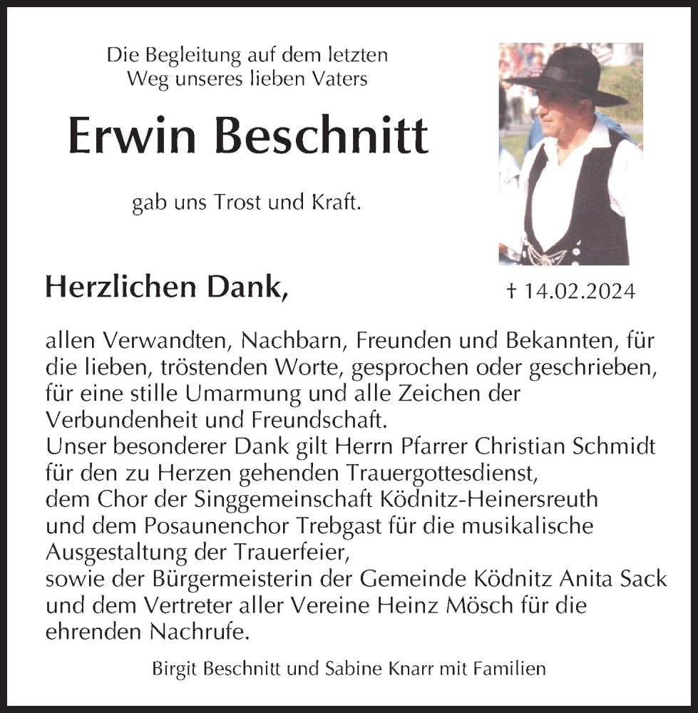  Traueranzeige für Erwin Beschnitt vom 02.03.2024 aus MGO