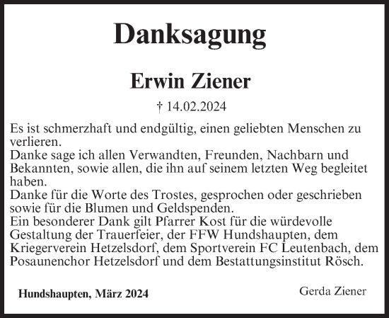 Anzeige von Erwin Ziener von MGO