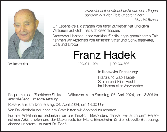 Anzeige von Franz Hadek von MGO