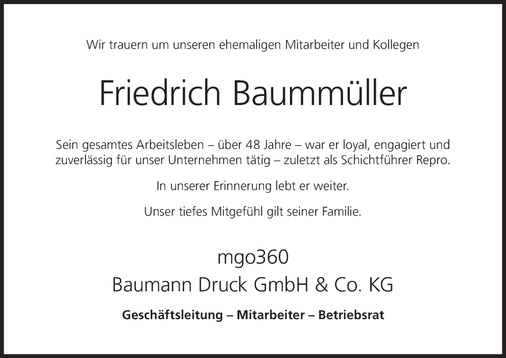  Traueranzeige für Friedrich Baummüller vom 05.03.2024 aus MGO
