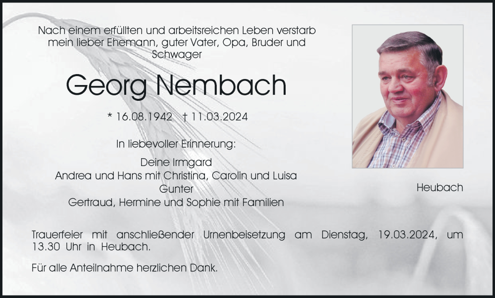  Traueranzeige für Georg Nembach vom 15.03.2024 aus MGO