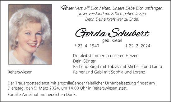 Anzeige von Gerda Schubert von MGO