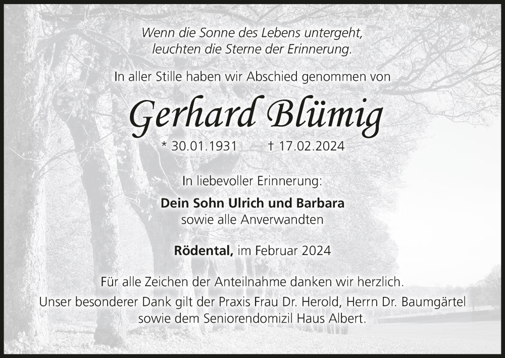  Traueranzeige für Gerhard Blümig vom 02.03.2024 aus MGO