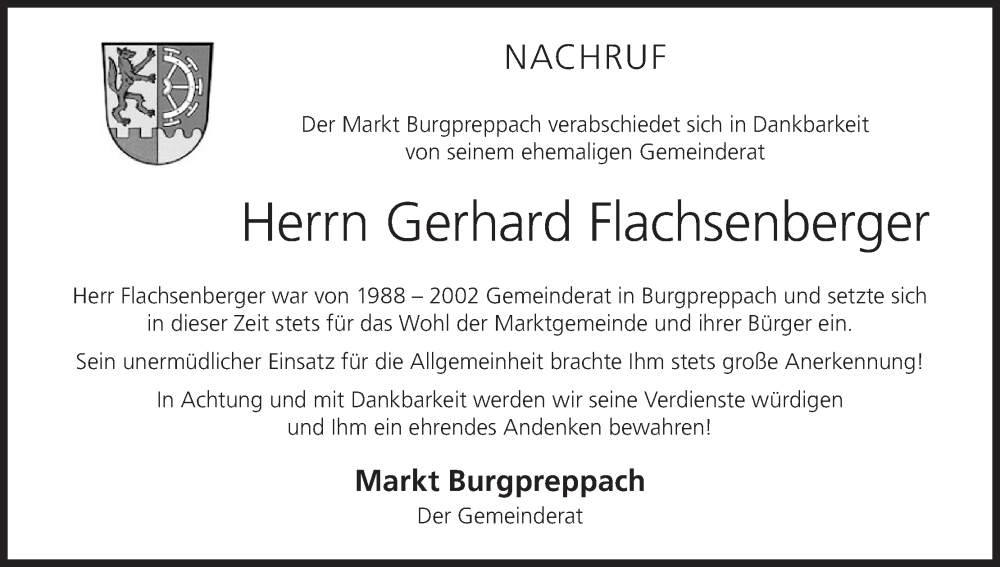  Traueranzeige für Gerhard Flachsenberger vom 30.03.2024 aus MGO