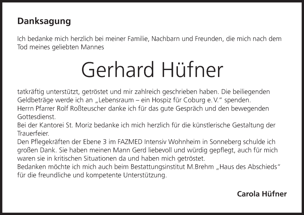  Traueranzeige für Gerhard Hüfner vom 02.03.2024 aus MGO