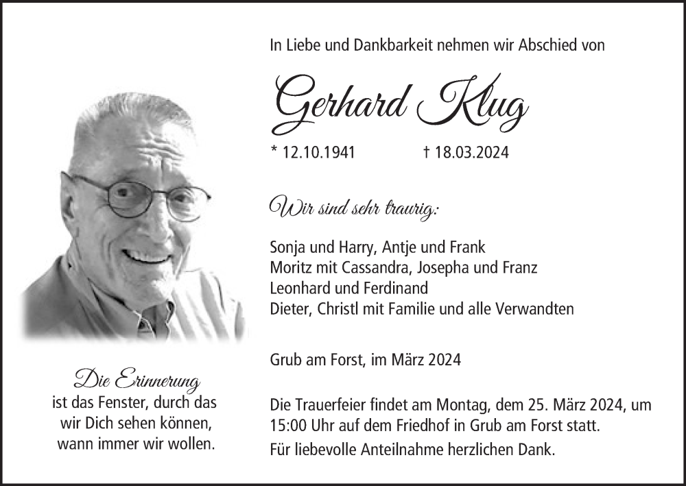  Traueranzeige für Gerhard Klug vom 23.03.2024 aus MGO