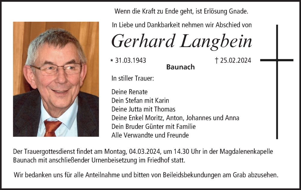  Traueranzeige für Gerhard Langbein vom 01.03.2024 aus MGO
