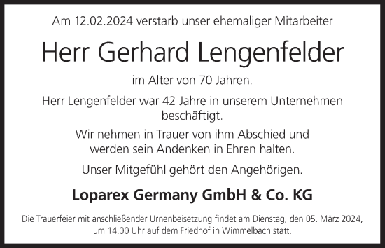 Anzeige von Gerhard Lengenfelder von MGO