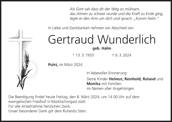 Anzeige von Gertraud Wunderlich von MGO