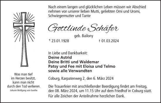 Anzeige von Gottlinde Schäfer von MGO