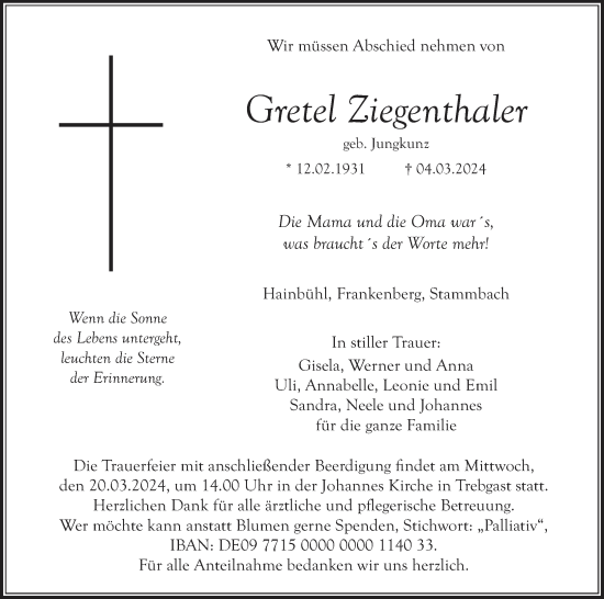 Anzeige von Gretel Ziegenthaler von MGO