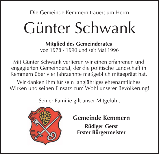 Anzeige von Günter Schwank von MGO