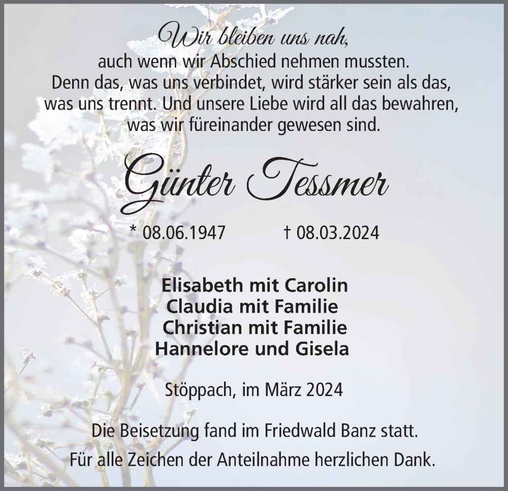  Traueranzeige für Günter Tessmer vom 23.03.2024 aus MGO
