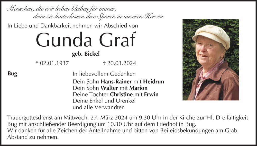  Traueranzeige für Gunda Graf vom 23.03.2024 aus MGO