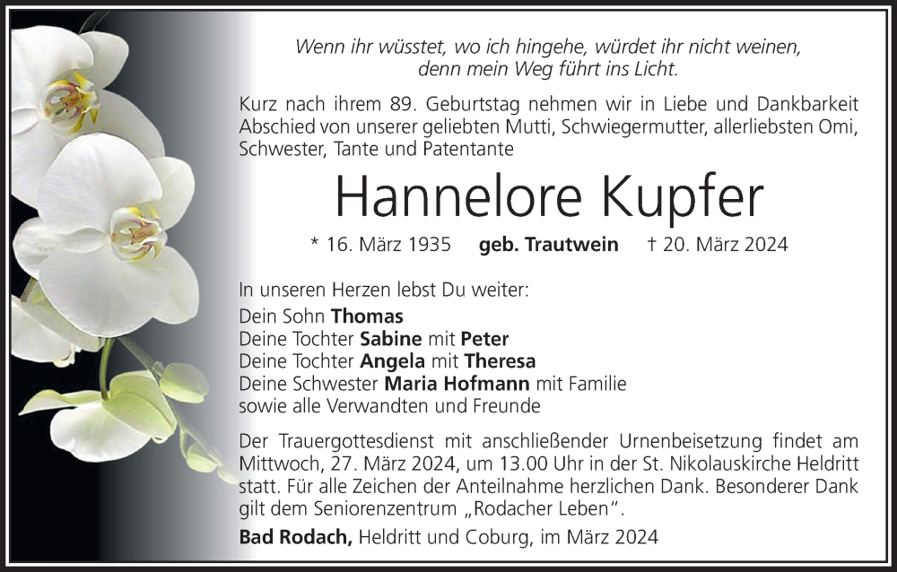  Traueranzeige für Hannelore Kupfer vom 23.03.2024 aus MGO
