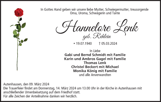 Anzeige von Hannelore Lenk von MGO