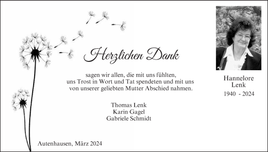 Anzeige von Hannelore Lenk von MGO