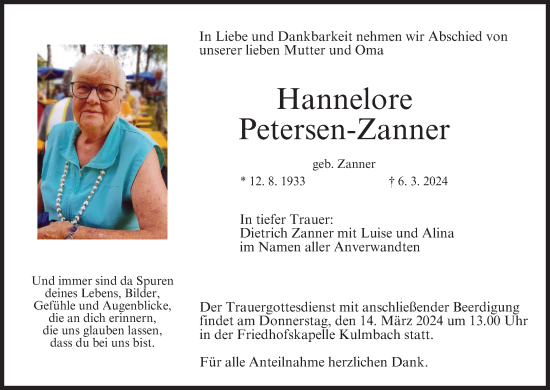 Anzeige von Hannelore Petersen-Zanner von MGO
