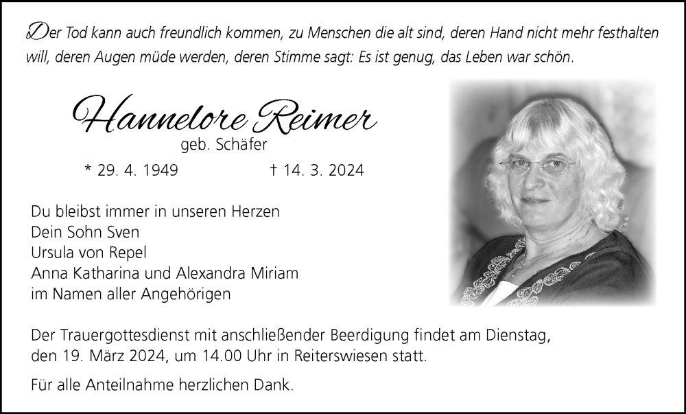  Traueranzeige für Hannelore Reimer vom 16.03.2024 aus MGO