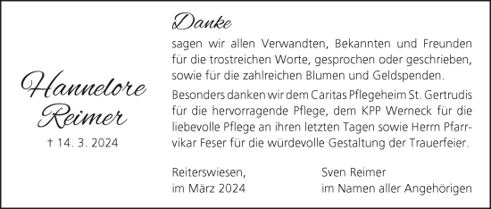 Anzeige von Hannelore Reimer von MGO