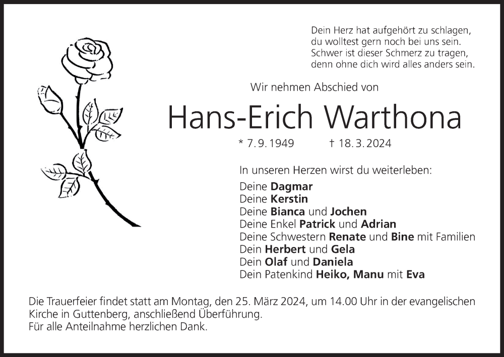  Traueranzeige für Hans-Erich Warthona vom 23.03.2024 aus MGO