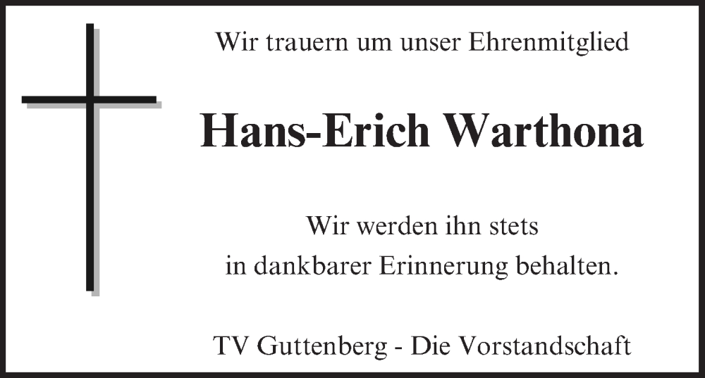  Traueranzeige für Hans-Erich Warthona vom 26.03.2024 aus MGO