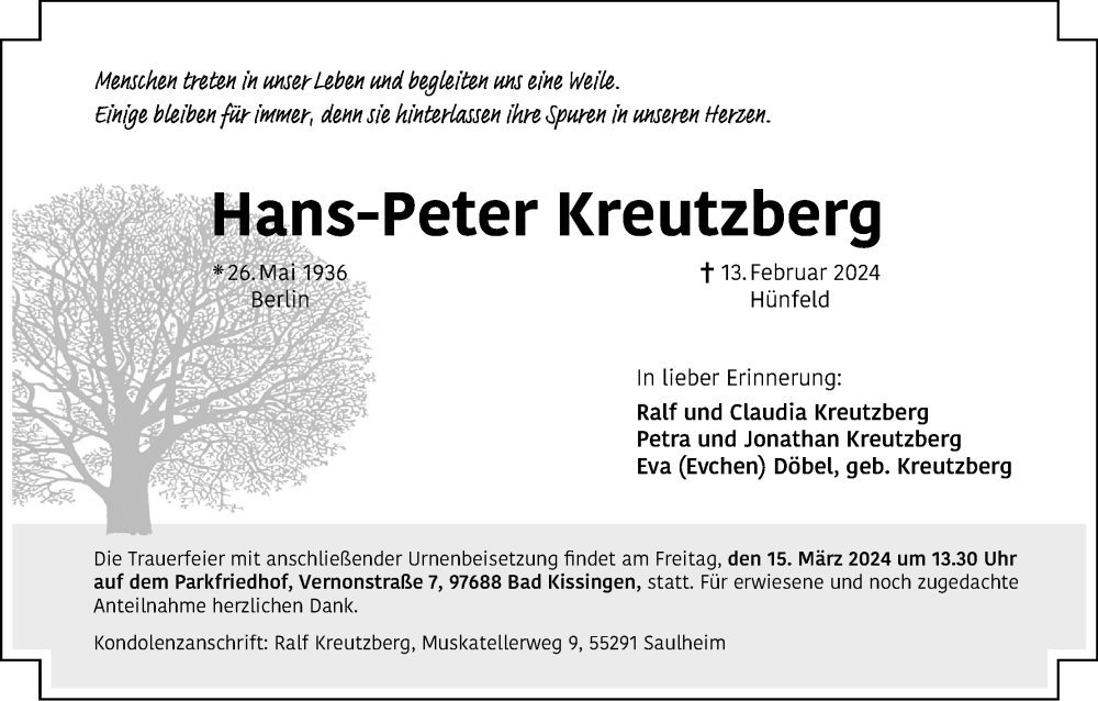  Traueranzeige für Hans-Peter Kreutzberg vom 02.03.2024 aus MGO