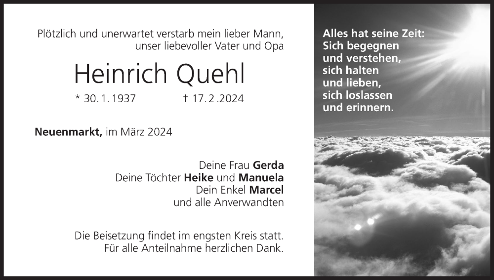  Traueranzeige für Heinrich Quehl vom 05.03.2024 aus MGO