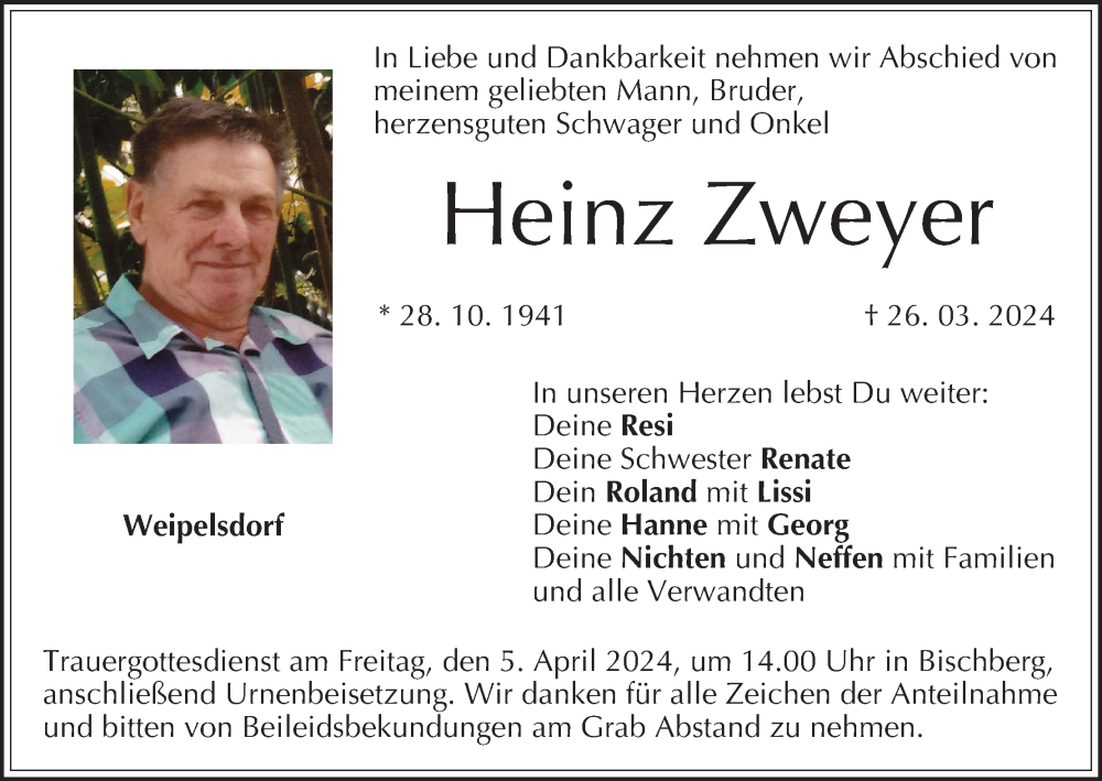  Traueranzeige für Heinz Zweyer vom 30.03.2024 aus MGO