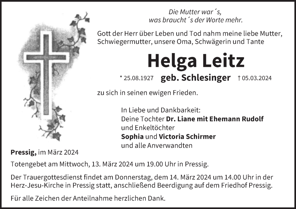  Traueranzeige für Helga Leitz vom 09.03.2024 aus MGO