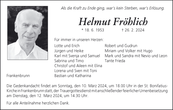 Anzeige von Helmut Fröhlich von MGO