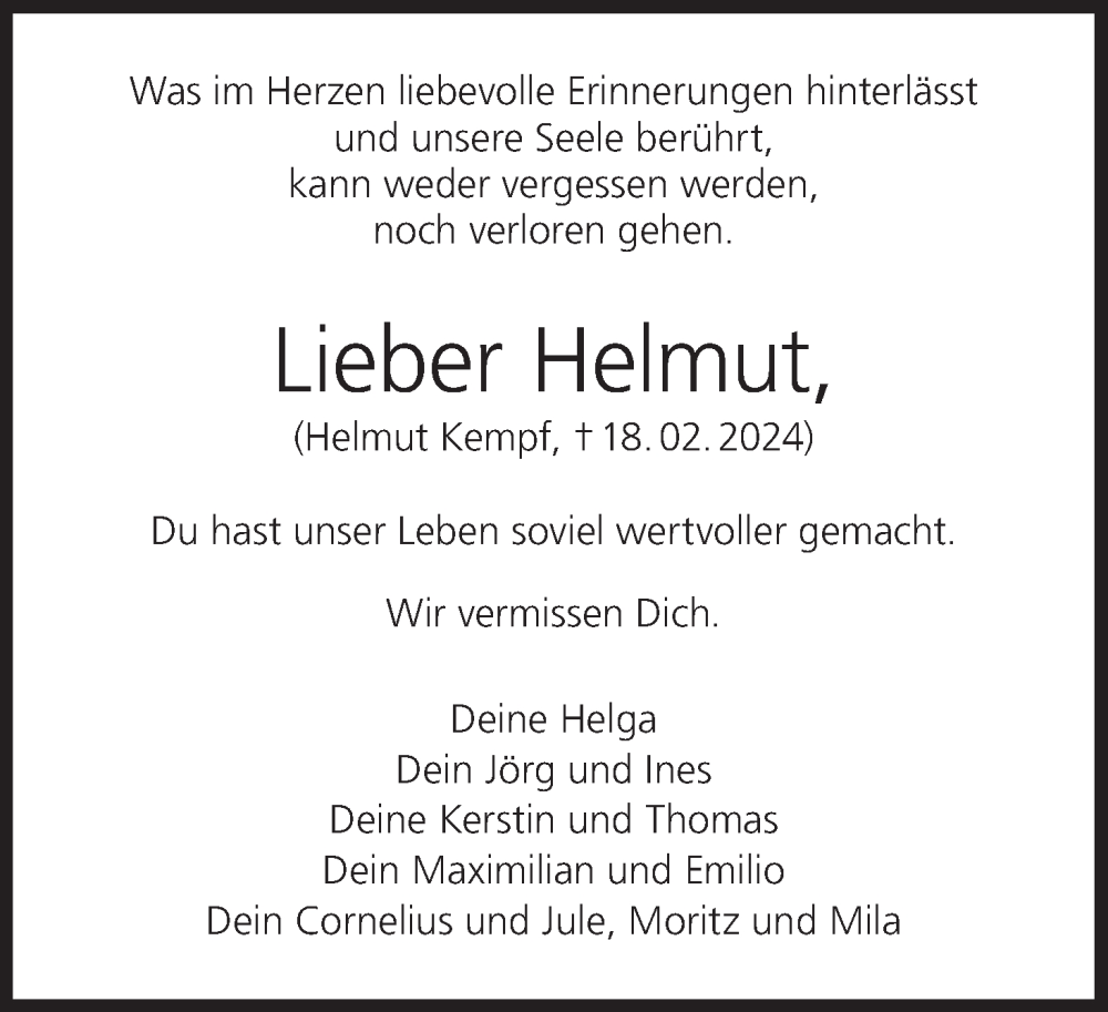  Traueranzeige für Helmut Kempf vom 02.03.2024 aus MGO