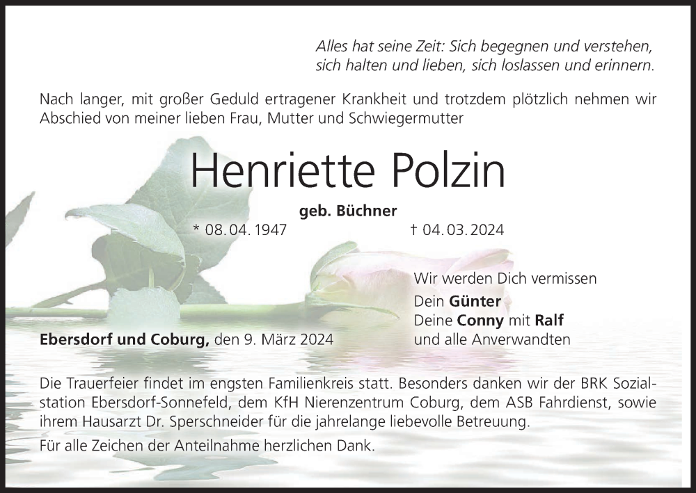  Traueranzeige für Henriette Polzin vom 09.03.2024 aus MGO