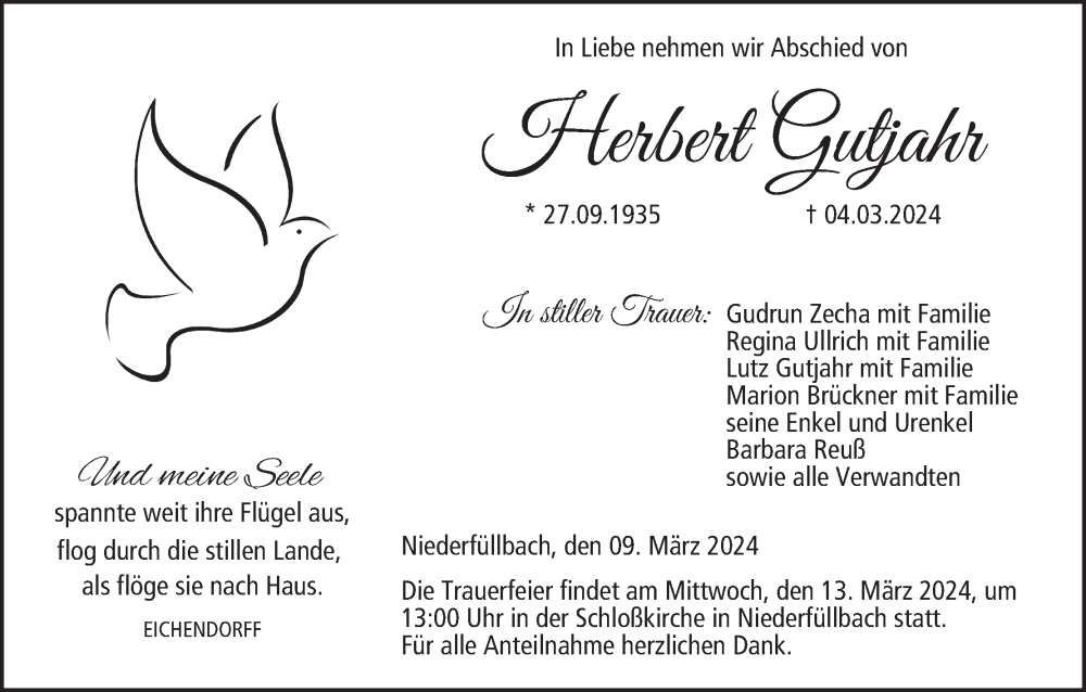  Traueranzeige für Herbert Gutjahr vom 09.03.2024 aus MGO
