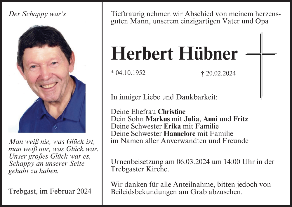  Traueranzeige für Herbert Hübner vom 02.03.2024 aus MGO