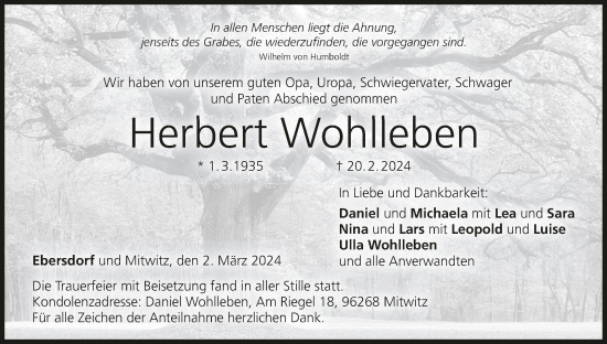Anzeige von Herbert Wohlleben von MGO