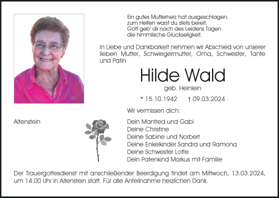 Anzeige von Hilde Wald von MGO
