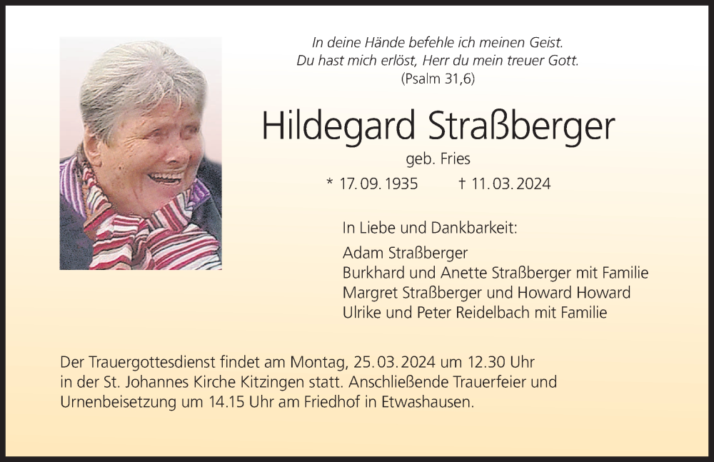  Traueranzeige für Hildegard Straßberger vom 21.03.2024 aus MGO