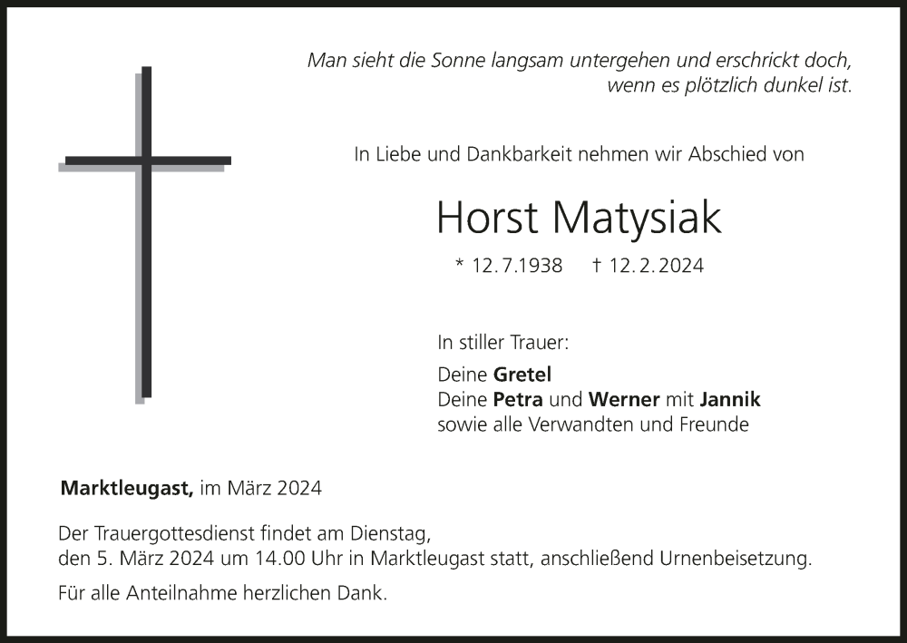  Traueranzeige für Horst Matysiak vom 02.03.2024 aus MGO