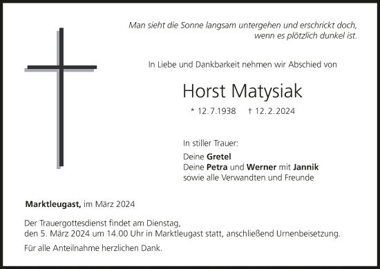 Anzeige von Horst Matysiak von MGO